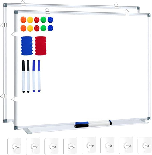 H-Qprobd White Board Dry Erase Whiteboard for Wall 24x18 (2pcs) Magnetic Boards for Office Classroom & Home, Small Wall Whiteboard Including 6 Markers, 10 Magnets, 2 Erasers & 10 Adhesive Hooks-DeskLoop Office