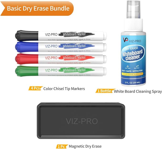 VIZ-PRO Dry Erase Marker Starter Set, Low-Odor Whiteboard Pens, Eraser and - Image 2