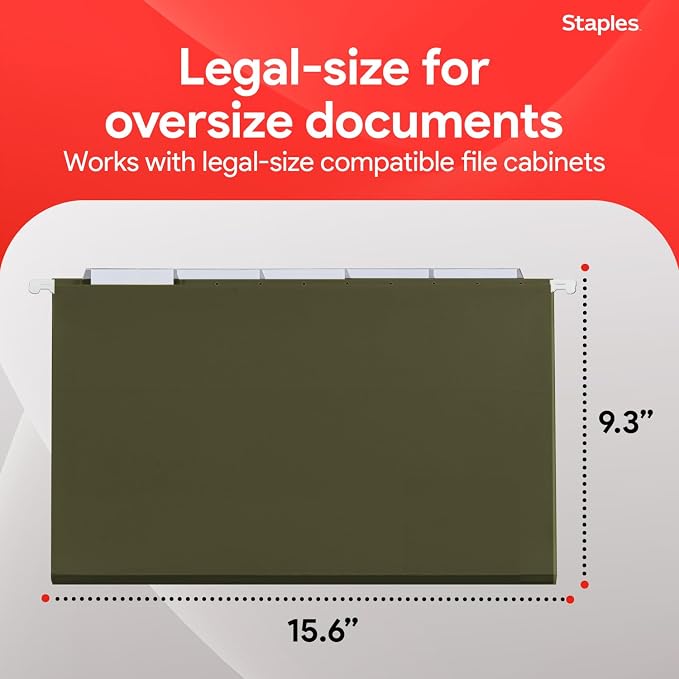 Staples Hanging File Folders, Legal Size, 1/5‑Cut Tabs, Standard Green - Image 3