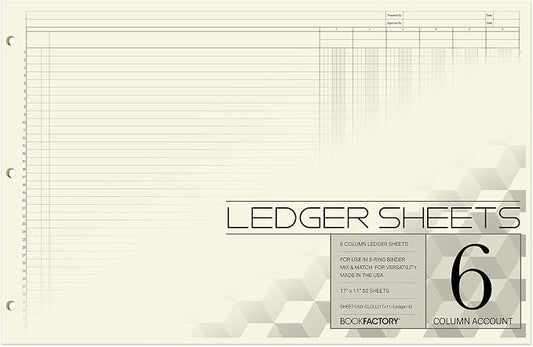 BookFactory Ledger Sheets/Large 6 Column Accounting Ledger Columnar Loose Leaf by BookFactory