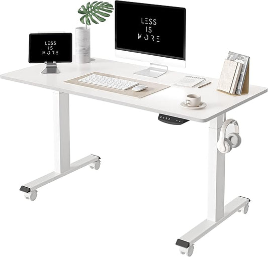 FEZIBO One-Piece Standing Desk Adjustable Height Stand up Home Office Desk, 48x24 Inch Electric Standing Computer Desk, with 4 Memory Presets, Fixable casters, White-DeskLoop Office