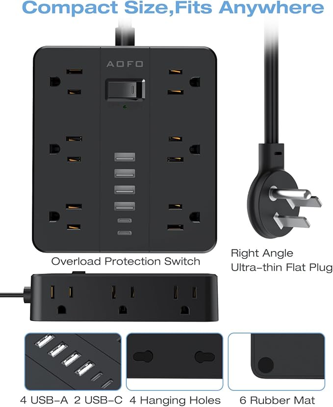 Flat Plug Power Strip, AOFO 5 Ft Extension Cord with 12 Outlets & 6 USB Ports (4 USB-A, 2 USB-C), Surge Protector, Ideal for Home, Office, Dorm, Large Spaces, Reliable and Safe, Black-DeskLoop Office