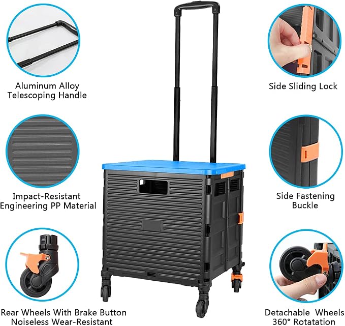 FELICON SELORSS Foldable Utility Cart Folding Portable Rolling Crate-Blue | - Image 2