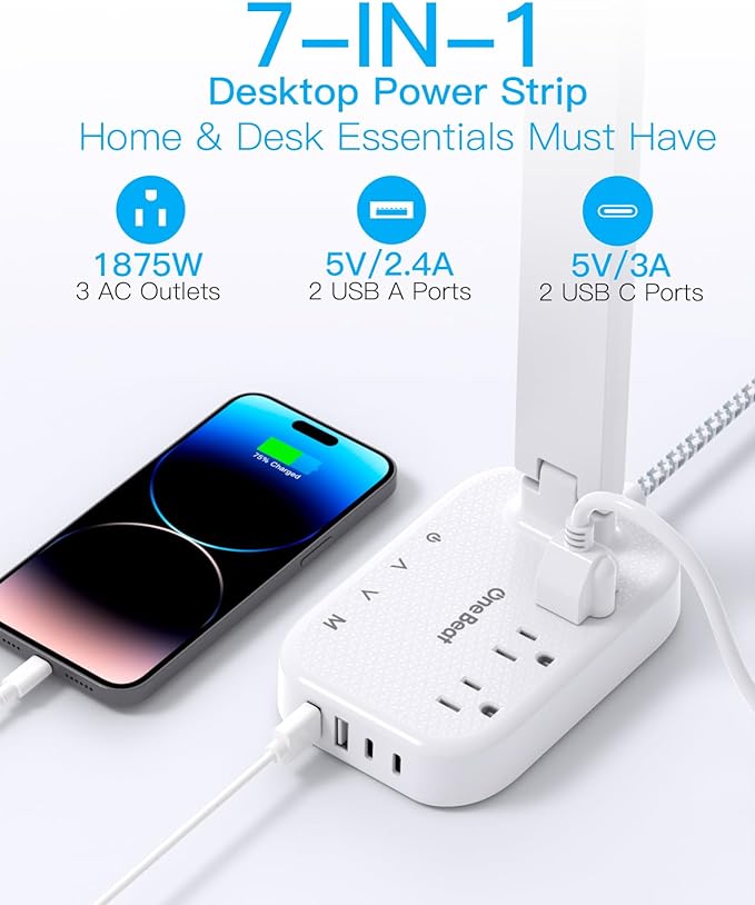Power Strip with LED Desk Lamp, 3 Outlets 4 USB Ports(2 USBC) 4 Modes 5 Level Touch Lamp Small Desk Lamp for Home Office Bedroom Bedside, Study Reading Light, 5ft Extension Cord, Dorm Room Essentials-DeskLoop Office