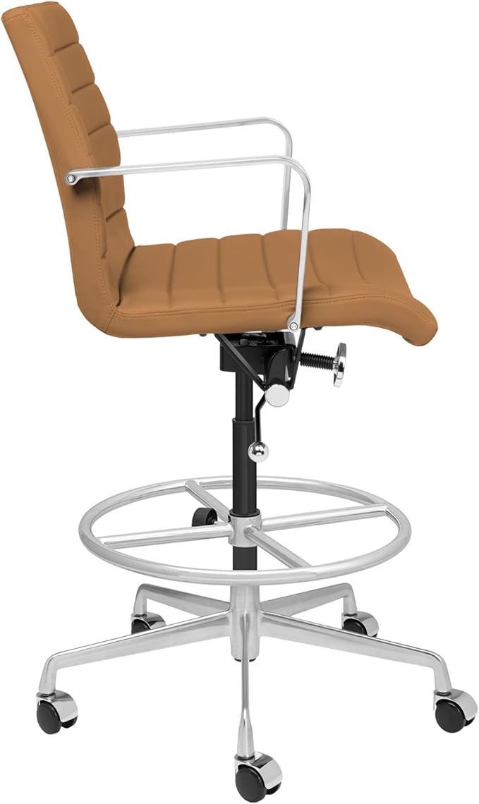 Laura Davidson Furniture SOHO II Ribbed Drafting Chair for Standing Desks, Standing Desk Chair - Ergonomically Designed, Commercial Grade Draft Height, Arm Rest & Cushion, Made of Faux Leather, Tan-DeskLoop Office