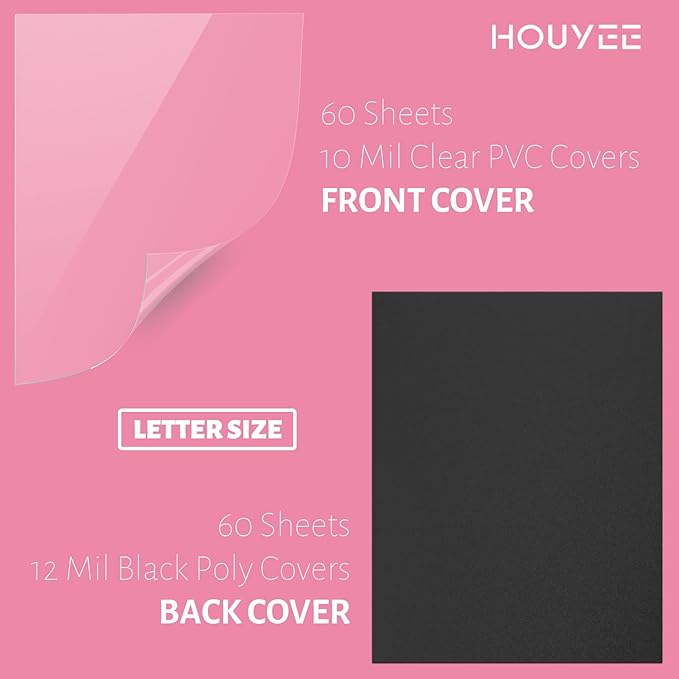 HOUYEE 120 Pack Binding Covers Set, 8.5x11 Inches, Including 60 Pcs 12 Mil Sand Plastic Texture, 60 Pcs 10 Mil Clear Binding Covers-DeskLoop Office