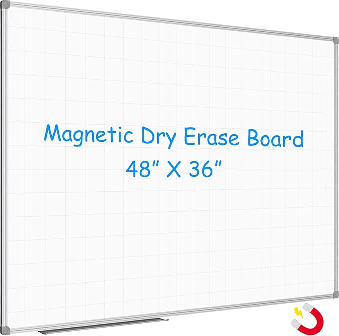 JILoffice Magnetic Dry Erase Planning Board, Grid Pattern White Board 48 x 36 Inch, Silver Aluminum Frame with Detachable Marker Tray for Office School and Home-DeskLoop Office