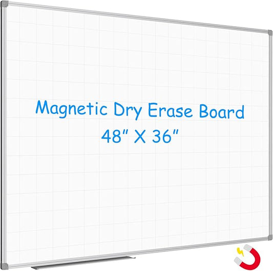 JILoffice Magnetic Dry Erase Planning Board, Grid Pattern White Board 48 x 36 Inch, Silver Aluminum Frame with Detachable Marker Tray for Office School and Home-DeskLoop Office