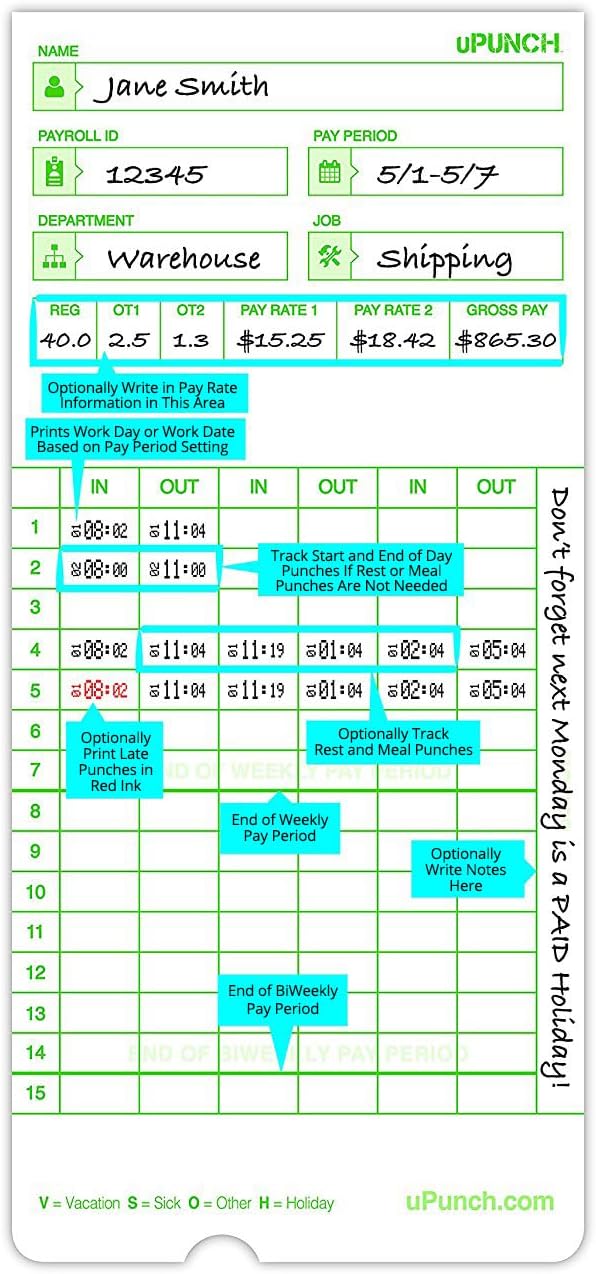 100 uPunch Time Cards for HN3000-DeskLoop Office