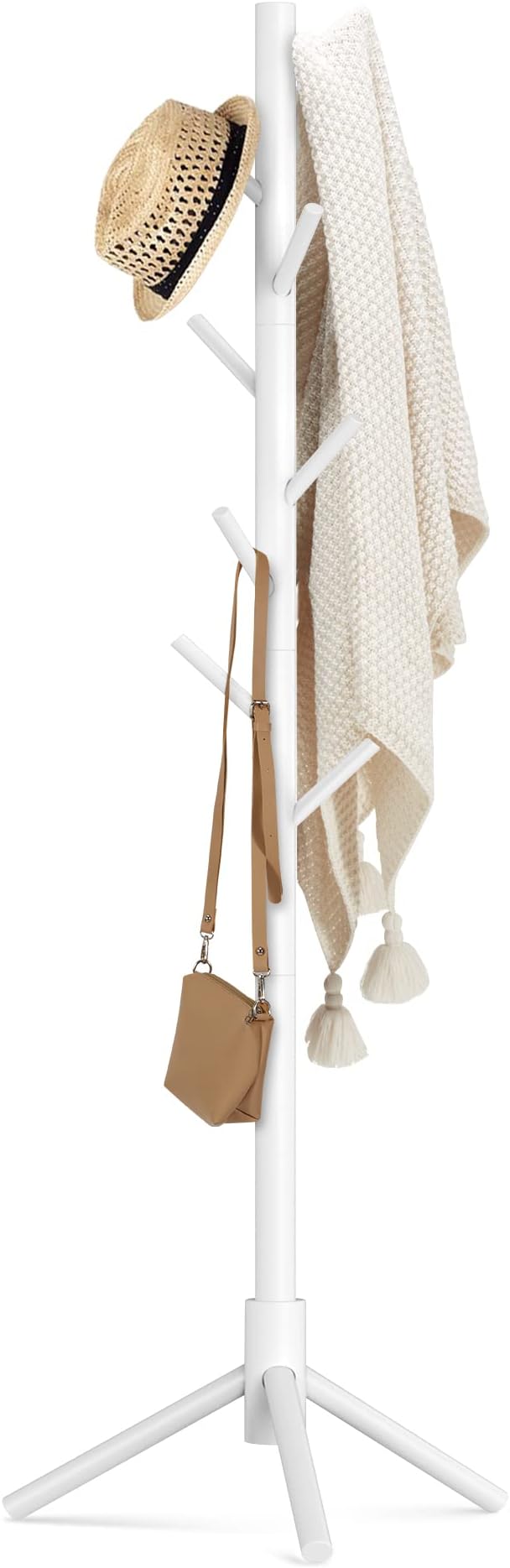 Haddockway Wooden Coat Rack Stand with 8 Hooks New Zealand Pine 3 Adjustable Coat Standing Tree Easy Assembly for Coats, Hats, Scarves and Handbags for Entryway, Hallway, Bedroom, Office, white-DeskLoop Office