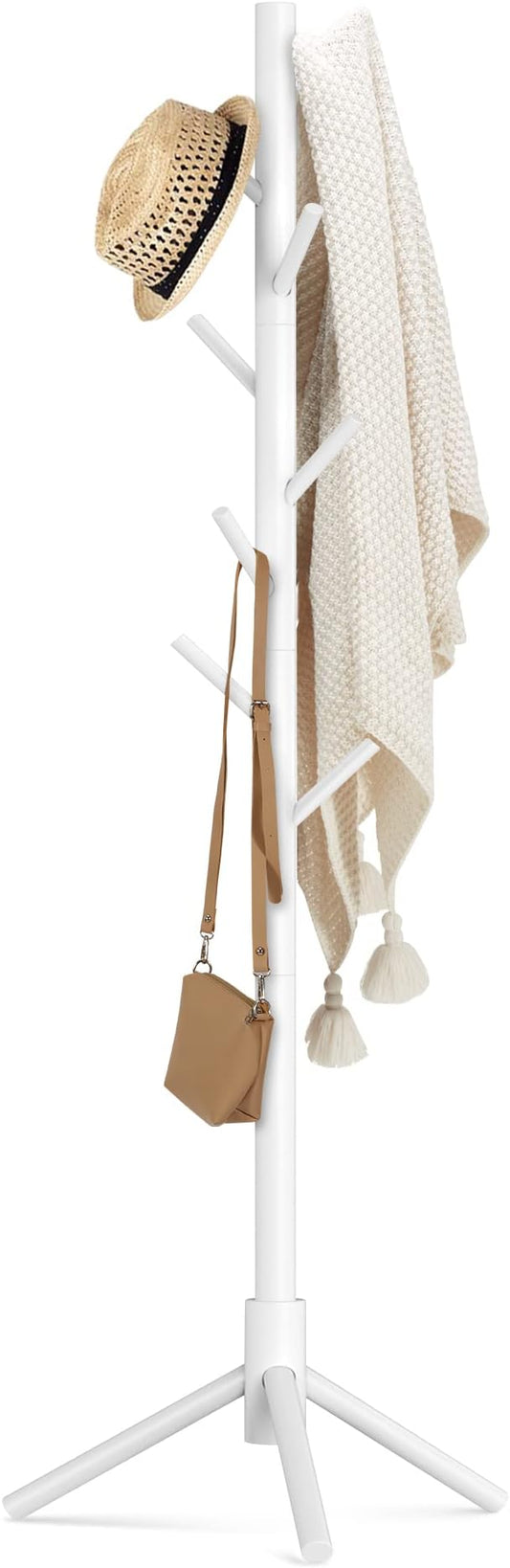 Haddockway Wooden Coat Rack Stand with 8 Hooks New Zealand Pine 3 Adjustable Coat Standing Tree Easy Assembly for Coats, Hats, Scarves and Handbags for Entryway, Hallway, Bedroom, Office, white-DeskLoop Office