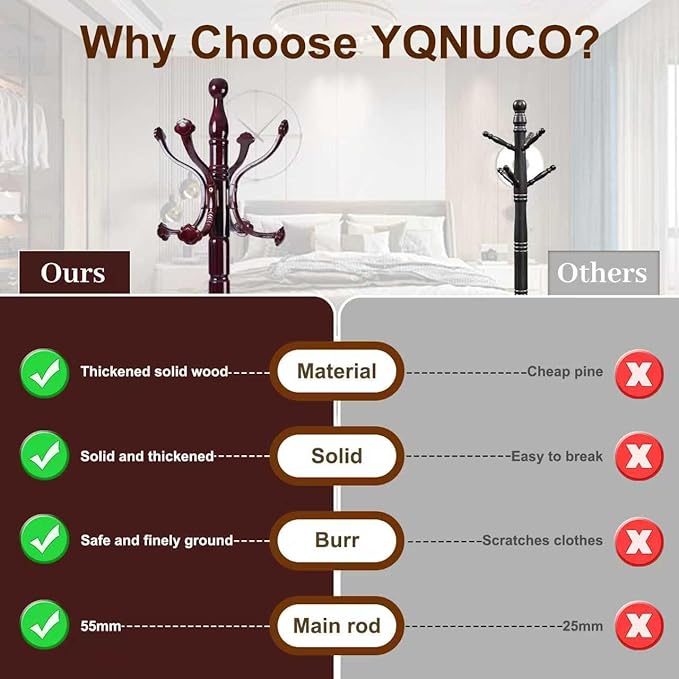 Solid Wood Coat Rack – 72" Freestanding Coat Racks Stand with 14 Hooks & Stable Base, Adjustable Height Modern Wooden Hall Tree for Entryway, Bedroom, Office, Home (Mahogany Lucky Hook)-DeskLoop Office