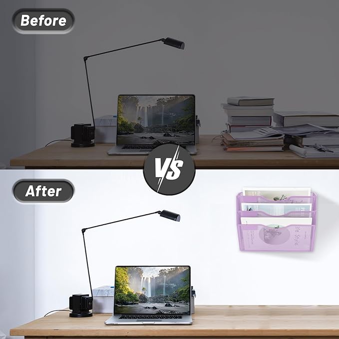 EASEPRES 3 Pocket Mesh Hanging Wall File Organizer, Wall Mounted Mail Paper Document Folder Holder, Clipboard Storage Organization Magazine Rack with Nametag Label for Office Home School, Light Purple-DeskLoop Office