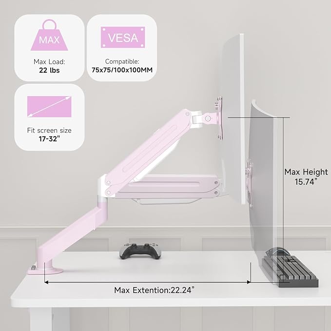 Suptek Monitor Mount Gas Spring Monitor Arm Desk Mount Fully Adjustable Fits 17-32 inch Monitors Weight Capacity up to 22 lbs,Pink(MD8PINK)-DeskLoop Office
