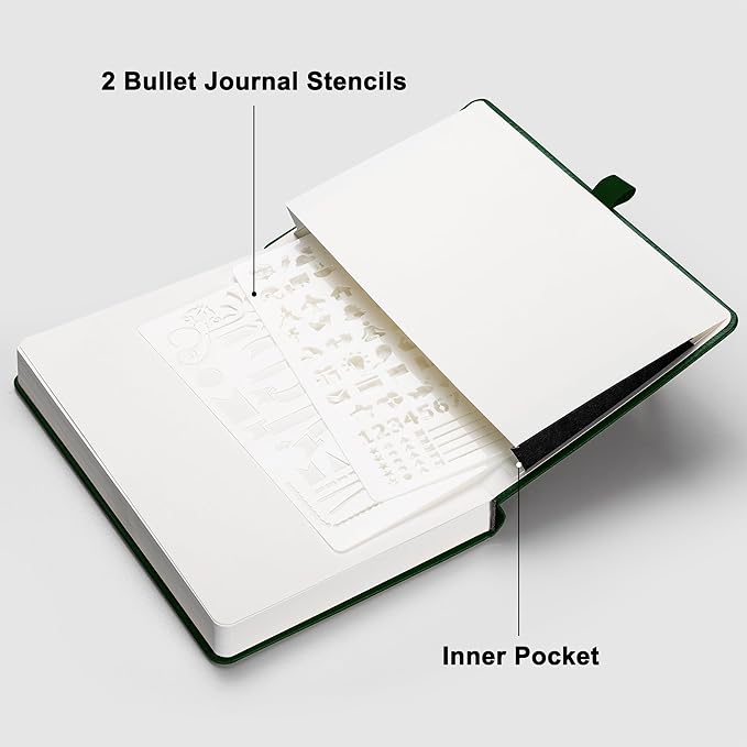 RETTACY Bullet Dotted Journal Notebook, 192 Pages, A5 Medium Size (5.7'' x 8.3''), Leather Hardcover, 100 GSM Thick Paper, for Bullet Journaling, Planning, Tracking (Dark Green)-DeskLoop Office