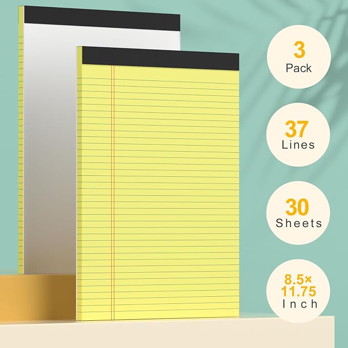 8 Pack Yellow Legal Pads 8.5 x 11 Yellow Notepads 30 Sheets/60 Pages Narrow - Image 2