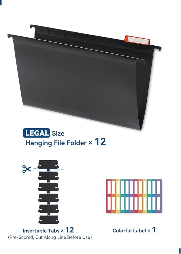 SortRax Plastic Legal Size Hanging File Folders, 12 Pack Black Hanging Folders - Image 6
