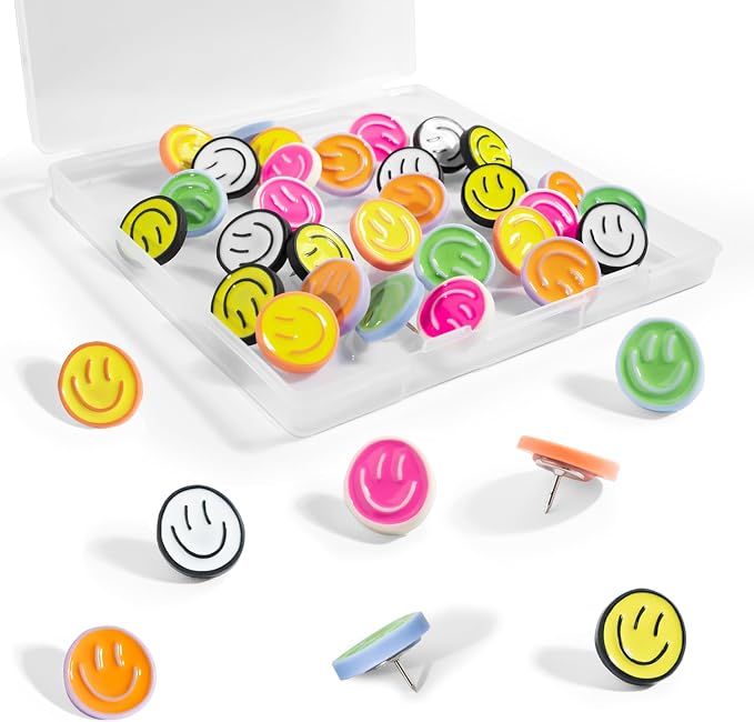 30Pcs Cute Smiley Face Decorative Push Pins, Bulletin Board Tacks, Cork Board by rhinocats