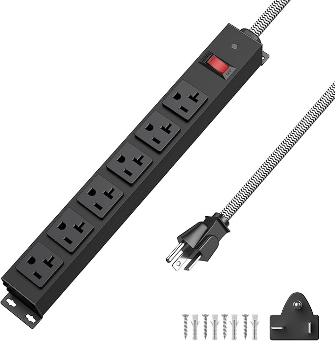 HEZI 20 Amp Power Strip with 5-20P/T- Plug, Heavy Duty High Amp Metal Surge Protector, Mountable Industrial Power Strip with 6AC Outlets(5-20R) and Circuit Breaker, 6FT 12AWG Extension Cord-DeskLoop Office
