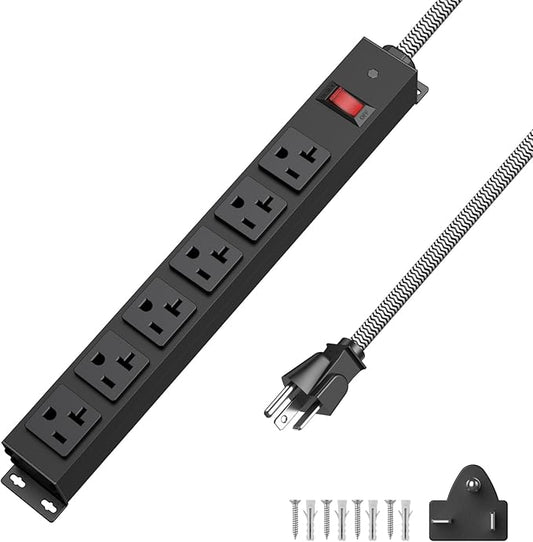 HEZI 20 Amp Power Strip with 5-20P/T- Plug, Heavy Duty High Amp Metal Surge Protector, Mountable Industrial Power Strip with 6AC Outlets(5-20R) and Circuit Breaker, 6FT 12AWG Extension Cord-DeskLoop Office