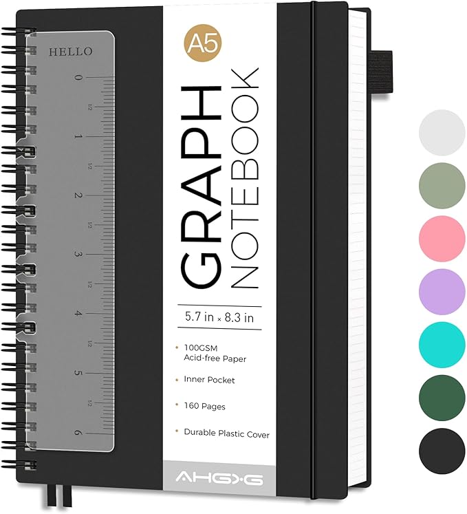 AHGXG Graph Paper Notebook - Spiral Notebook Journal 160 Pages, A5 Graph Notebook 5.7" x 8.3", 100 gsm Thick Grid Paper, Waterproof Plastic Cover, for School Writing Engineering Math, Black-DeskLoop Office