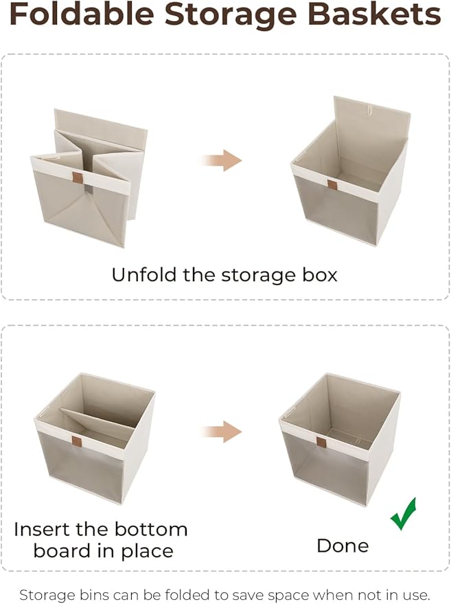 StorageWorks 11x11 Storage Cubes, Closet Storage Bins with Clear Window, Fabric Organizer for Clothes, Collapsible Storage Baskets with PU Handles, Beige, 3-Pack-DeskLoop Office