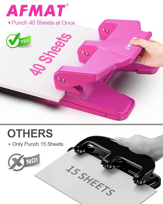AFMAT 3 Hole Punch Heavy Duty, 40-Sheet Three Hole Punch, 50% Reduced Effort - Image 2