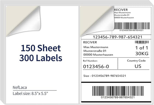 8.5 x 5.5 Half Sheet Shipping Labels for Laser and Inkjet Printers, 2 Per Page Self Adhesive Mailing Labels, White Blank Labels [150 Sheet 300 Labels]-DeskLoop Office