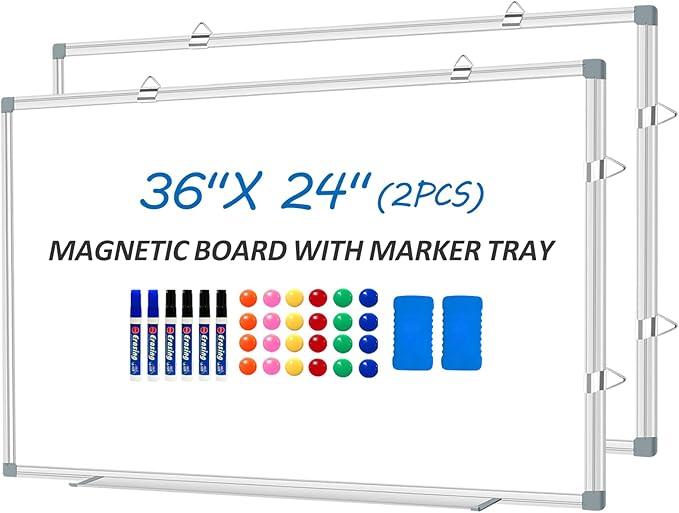 White Board Dry Erase Whiteboard for Wall 36" x 24" (2pcs) Aluminum Presentation Magnetic Whiteboards with Long Pen Tray, Hanging Whiteboard for Office, Meeting Room, Classroom, School & Home-DeskLoop Office