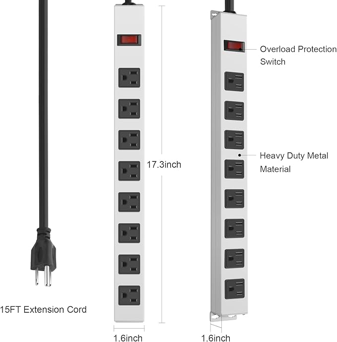 JUNNUJ Metal 8 Outlet Power Strip, Mountable Heavy Duty Power Strip, 1200J Surge Protector Wall Mount Screws Outlet with Switch, Gaming Desk Strips Wide Spaced 15A 125V 1875W, 15 FT 14AWG Power Cord-DeskLoop Office