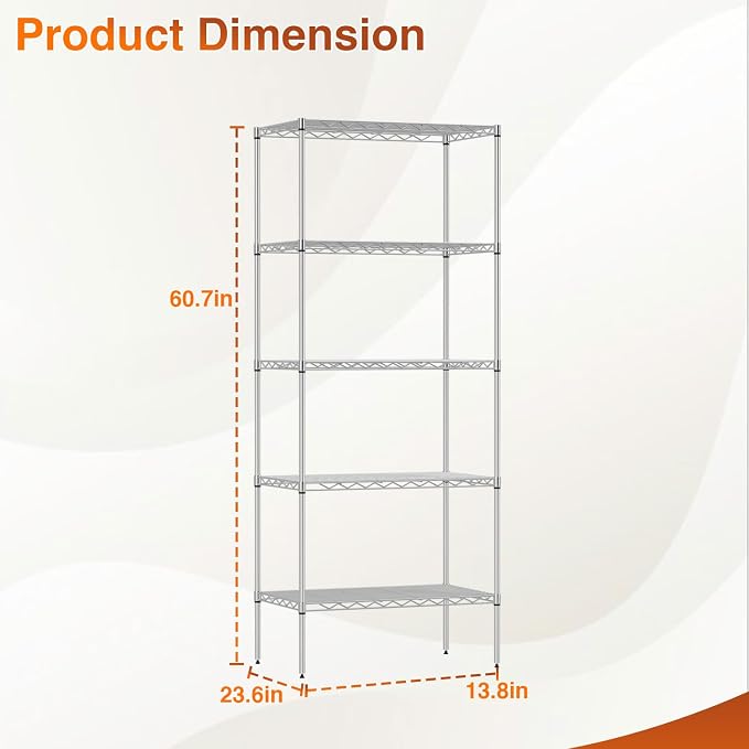 BestOffice | 5-Tier Wire Storage Shelves | 14x24x60 | Chrome | Heavy-Duty Metal - Image 3