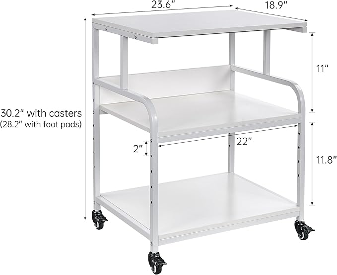White Printer Stand, 23.6 x18.9 x 30 Inches Big Size Printer Table with Adjustable Shelf, 3 Tier Rolling Printer Cart with Wheels for Home Office Storage and Organization-DeskLoop Office