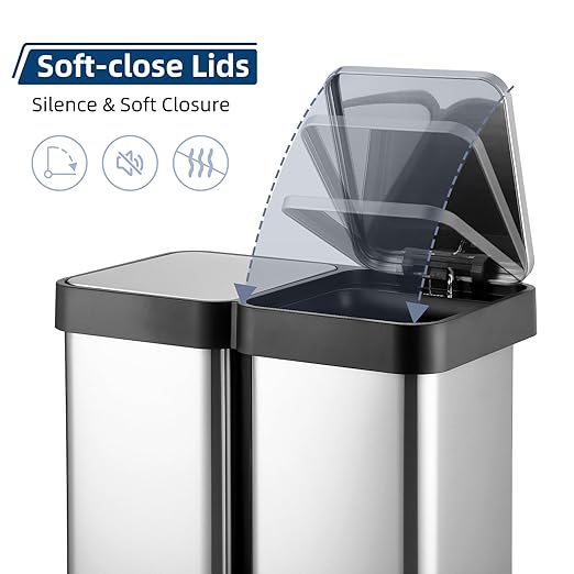 16 Gallon Dual Compartment Trash & Recycling Bin - Soft Close Lid Kitchen Garbage Can, Stainless Steel Step Pedal, Space Saving Design for Home/Office (60L 2x30L, No Inner Bucket)-DeskLoop Office