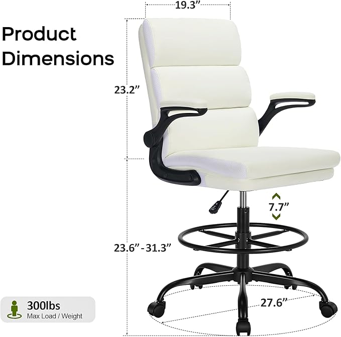 Drafting Chair Tall Office Chair with Padded Flip-up Armrests Executive Ergonomic Computer Standing Desk Chair with Comfortable Leather Backrest and Adjustable Footrest Ring (White)-DeskLoop Office