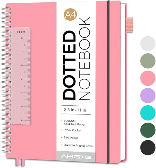 AHGXG Bullet Dotted Journal - Dot Grid Spiral Notebook 8.5" x 11", A4 Large Dotted Notebook, 100 GSM Thick Paper, Waterproof Plastic Cover Journals for Bullet Journaling, Sketching, Pink-DeskLoop Office