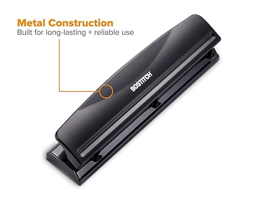 Bostitch Office 3 Hole Punch, Durable Metal, Rubber Base, 12 Sheets - Image 3