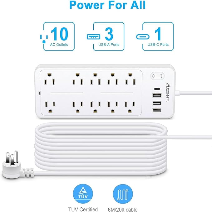 15 FT Power Strips with Surge Protection 1625W/13A,10 Outlets with 4 USB Ports (1 USB C) Long Extension Cord with Multiple Outlets 16Awag 1700J Flat Plug Power Strip Protector White,ETL Listed-DeskLoop Office