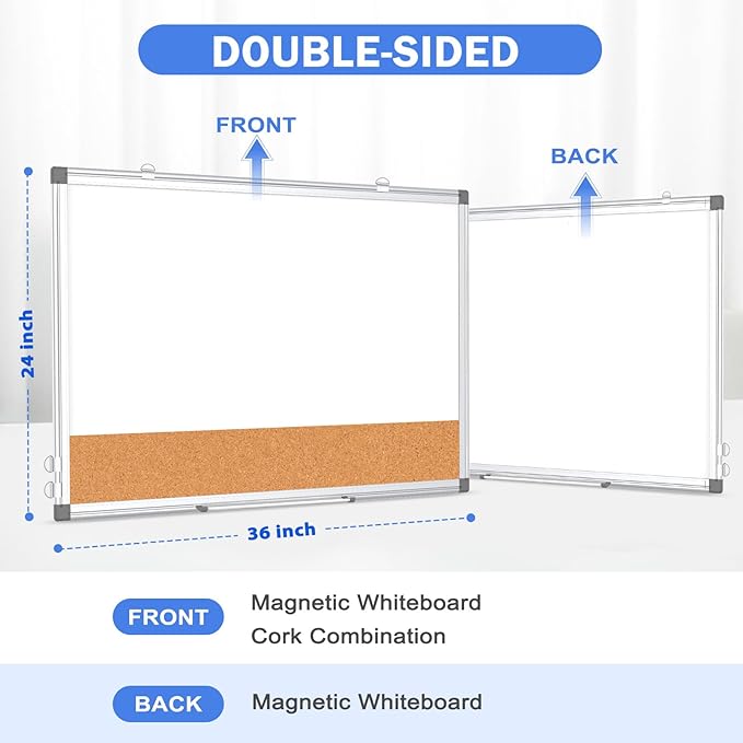 Whiteboard Cork Board Combo for Wall, WALGLASS 36" x 24" Double-Sided Large Dry Erase Whiteboard Corkboard Combination, Hanging Wall Mount Bulletin Board with Aluminum Frame for Office, Home, School-DeskLoop Office
