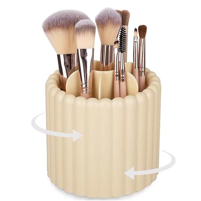 Anyoifax 360 Rotating Makeup Brush Holder 7 Slots Make Up Brush Organizer Removable Spinning Cosmetic Brushes Storage Pen Holder for Vanity, Dresser, Desk, Beige-DeskLoop Office