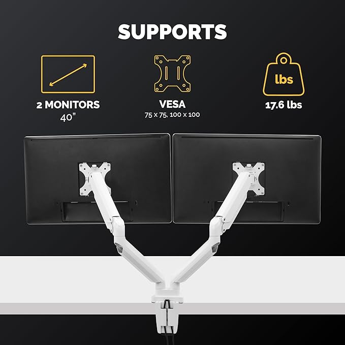 Fellowes Platinum Series Dual Monitor Arm for 40-Inch Monitors, Full Motion, 360° Rotation, VESA Mount with Grommet or Clamp, USB Ports, Ergonomic, White, 8056301-DeskLoop Office