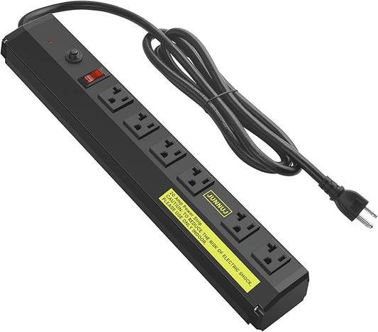 JUNNUJ Heavy Duty Metal Power Strip 20 Amp, High Amp Surge Protector 6 Outlet, 20A Power Strips Workshop Industrial Outlets Wide Spaced 6-20R T-Slot with Circuit Breaker, 12 Gauge Extension Cord 15ft-DeskLoop Office