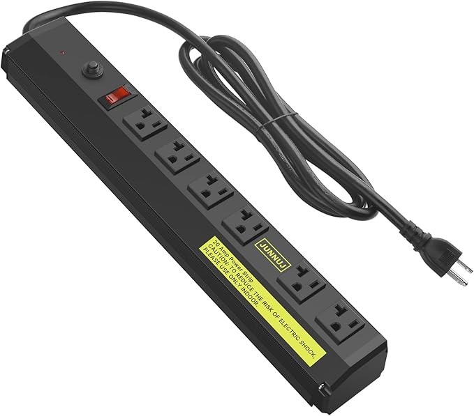 JUNNUJ Heavy Duty Metal Power Strip 20 Amp, High Amp Surge Protector 6 Outlet, 20A Power Strips Workshop Industrial Outlets Wide Spaced 6-20R T-Slot with Circuit Breaker, 12 Gauge Extension Cord 10ft-DeskLoop Office
