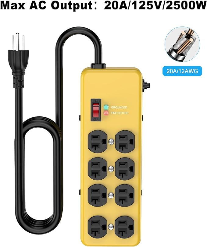 HEZI 20A Power Strip Surge Protector Durable Metal 8-Outlet with Heavy Duty 20 Amp Extension Cord,12 Gauge for Garage,Workshop & Industrial Use with 6-20R T-Slot Outlets,4800J(Yellow,6FT)-DeskLoop Office