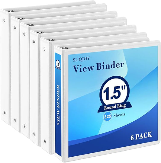 1.5 Inch 3 Ring Binder, 1-1/2“ Binder with 2 Interior Pockets, Durable White View Binders, Clear View Cover, Holds up to 325 Sheets US Letter Size, Perfect for Office/Home/School.（6 Pack）-DeskLoop Office