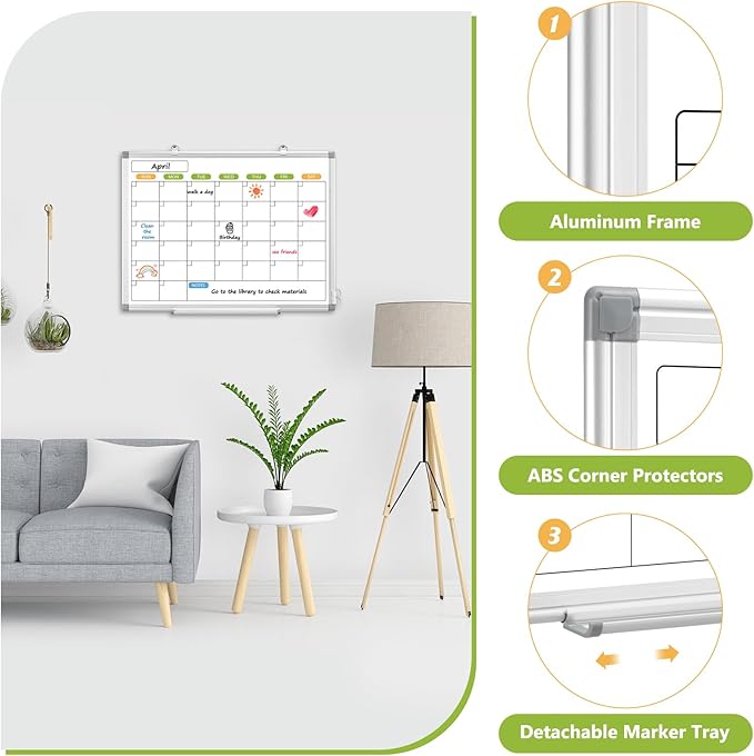 Monthly Calendar Dry Erase Whiteboard for Wall, 36" x 24" Magnetic Dry Erase Board, Hanging Double-Sided White Board, Portable Board for School, Planning, Memo, Home, Office, 2025 Calendar-DeskLoop Office