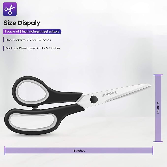 Scissors for Office, Taotree 8" Scissors All Purpose Bulk of 5-Pack, Middle School Supplies Student Teacher Classroom, Sharp Craft Shears for Office Home Sewing Fabric, Right/Left Handles, Same Size