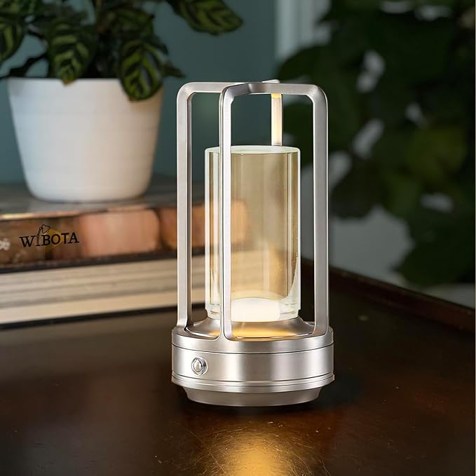 Portable Metal Table Lamp,Rechargeable Cordless LED Lamp for Indoor Outdoor, 3 Colour 4000MA Infinitely Dimming Battery Powered Small Desk Lamp, Restaurant Bedroom Bar Coffee Shop Camping Light-Silver-DeskLoop Office