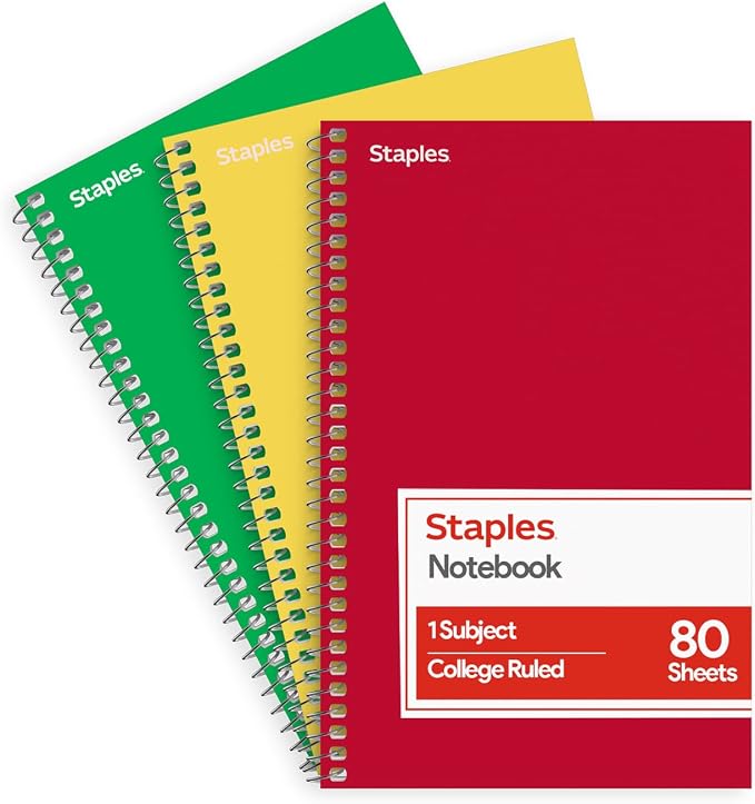STAPLES 1‑Subject Spiral Notebook, College Ruled, 80 Sheets by Staples
