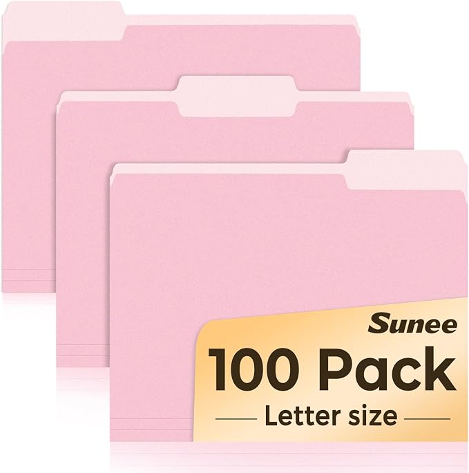 SUNEE File Folders Letter Size Pink, 100 Pack Manilla Folders 8.5 x 11 1/3-Cut by SUNEE