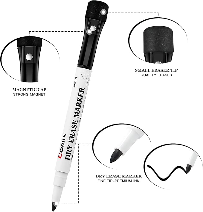 Comix Magnetic Dry Erase Markers, Fine Tip Black Whiteboard Markers - Image 2